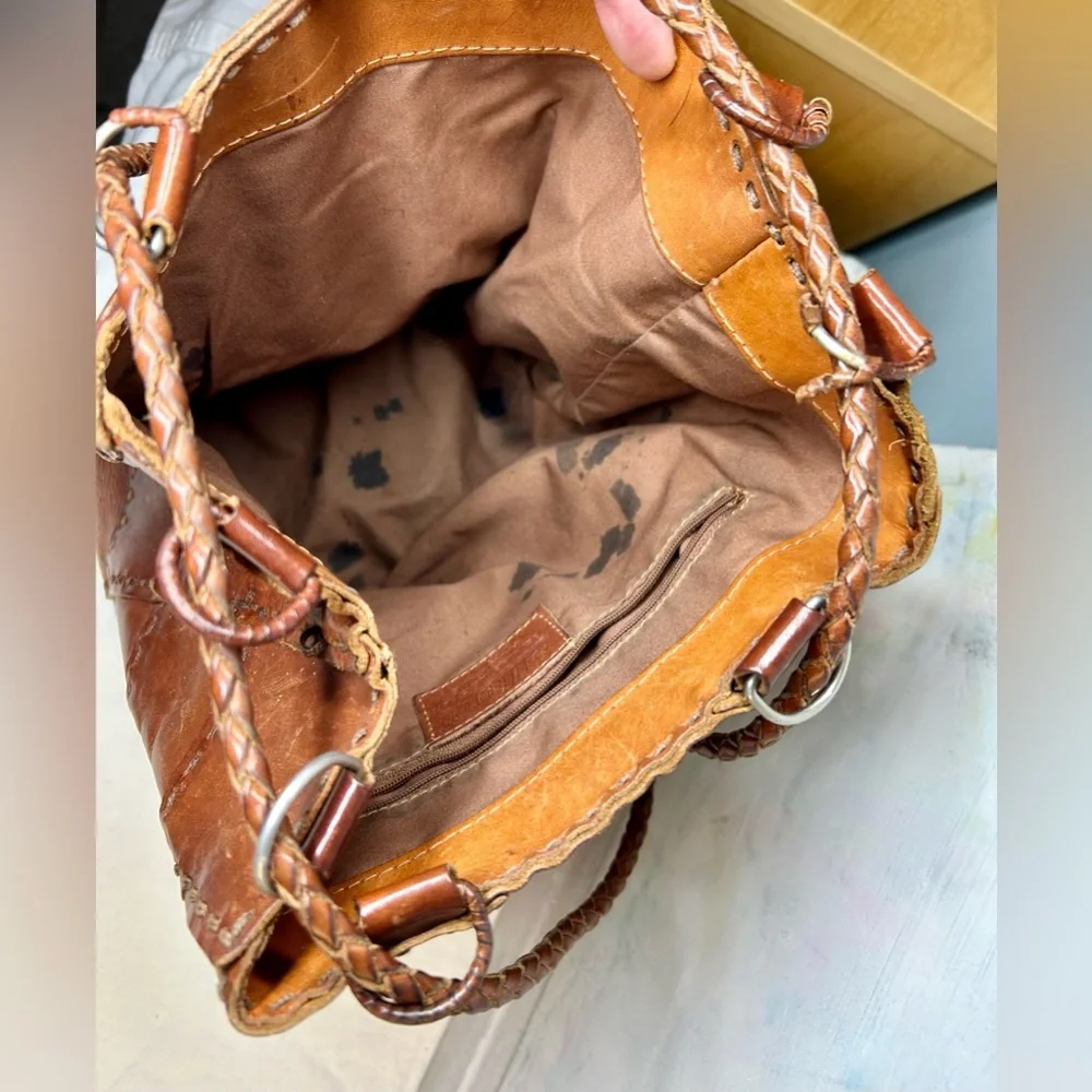 Brown Leather Patchwork Bucket Bag - Picture 5 of 7